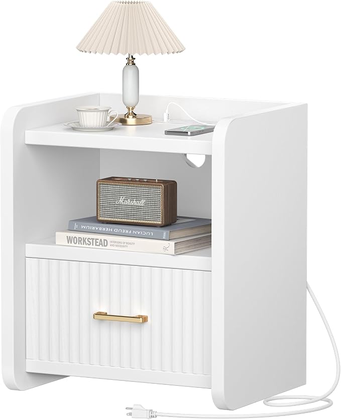 Night Stand with Charger Station, Fluted Wood Nightstand with Drawer Storage - Image 9