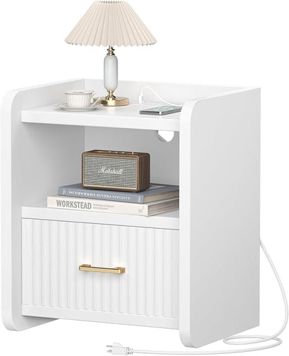 Night Stand with Charger Station, Fluted Wood Nightstand with Drawer Storage - Image 9