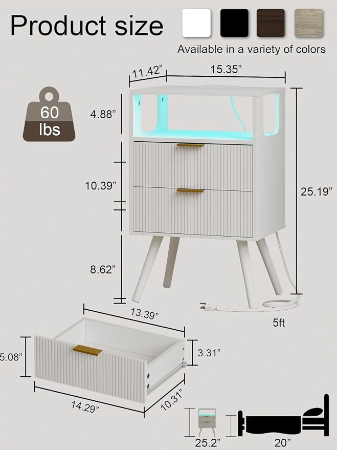 Nightstand with Charging Station and LED Lights, Modern Bedside Table with 2 - Image 2