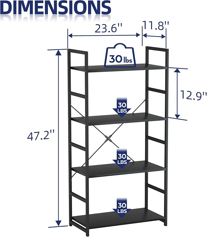 NUMENN 4 Tier Bookshelf, Tall Freestanding Open Storage Bookcase, Support Bars - Image 3