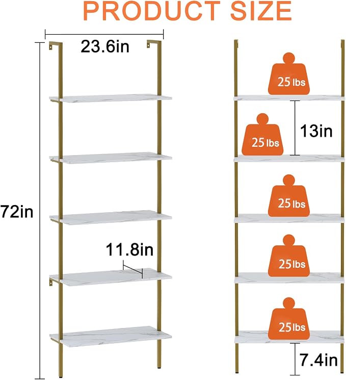 5 Tiers Ladder 2-Piece Shelf White Marble Modern Bookshelf Open Tall Wall Mount - Image 3