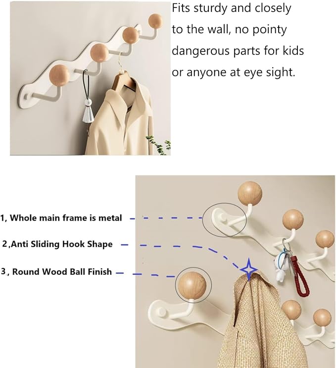 Coat Rack Wall Mounted, Anti-Tear Wooden Ball Hook Rail, Heavy Duty Metal Coat - Image 3