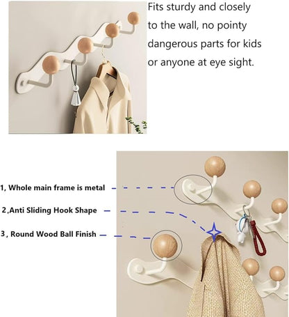 Coat Rack Wall Mounted, Anti-Tear Wooden Ball Hook Rail, Heavy Duty Metal Coat - Image 3