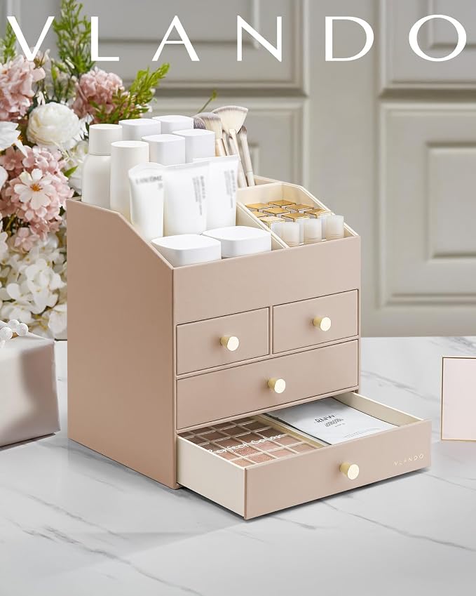 Vlando Makeup Organizer Countertop, Large Vanity Organizer PU Leather Make up - Image 9