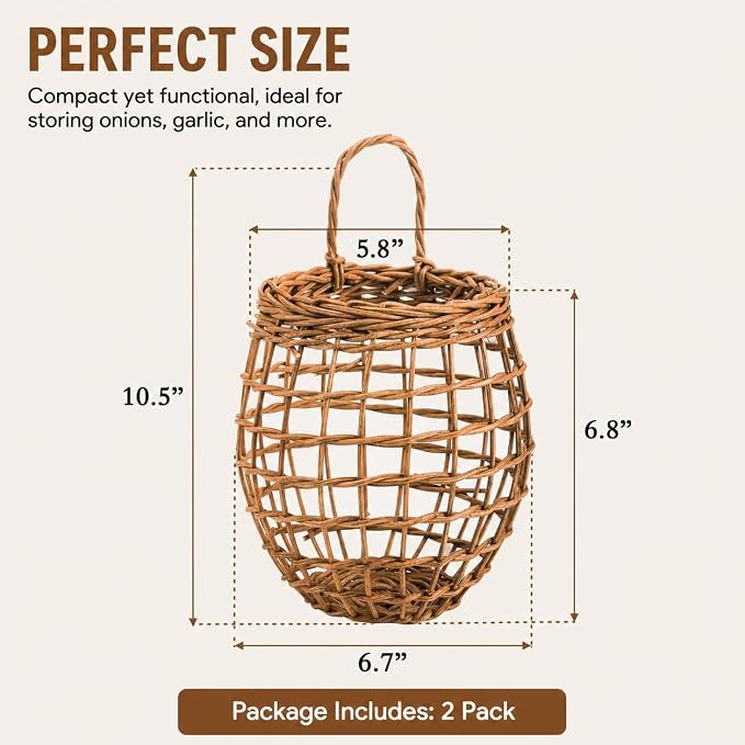 Elsjoy Set of 2 Hanging Onion Basket, Wall Mount Small Wicker Baskets - Image 2