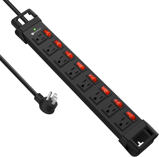 Heavy Duty Power Strip with Individual Switches, 8 Outlets 14 Gauge Industrial by HEZI