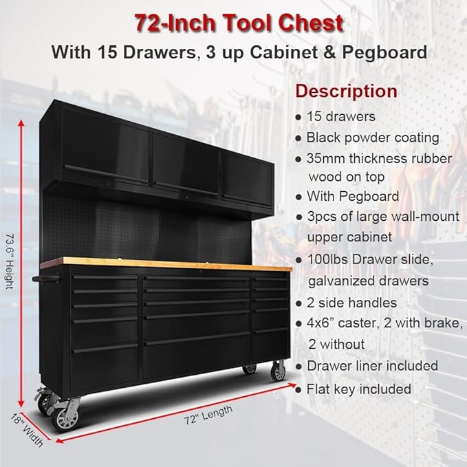 72'' Rolling Tool Chest with 15 Drawers + 3 Upper Cabinets, Large Tool Box - Image 2