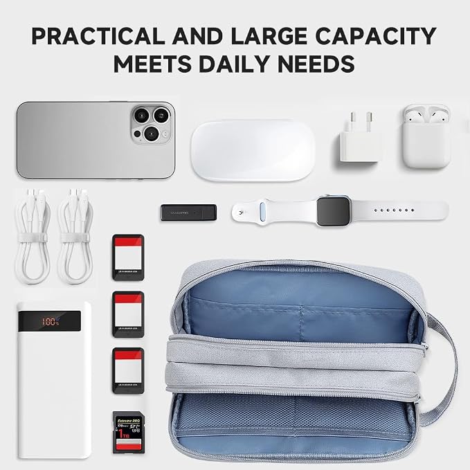 Teskyer Double Layer Cable Organizer Bag, Travel Tech Pouch, Light Grey | - Image 4