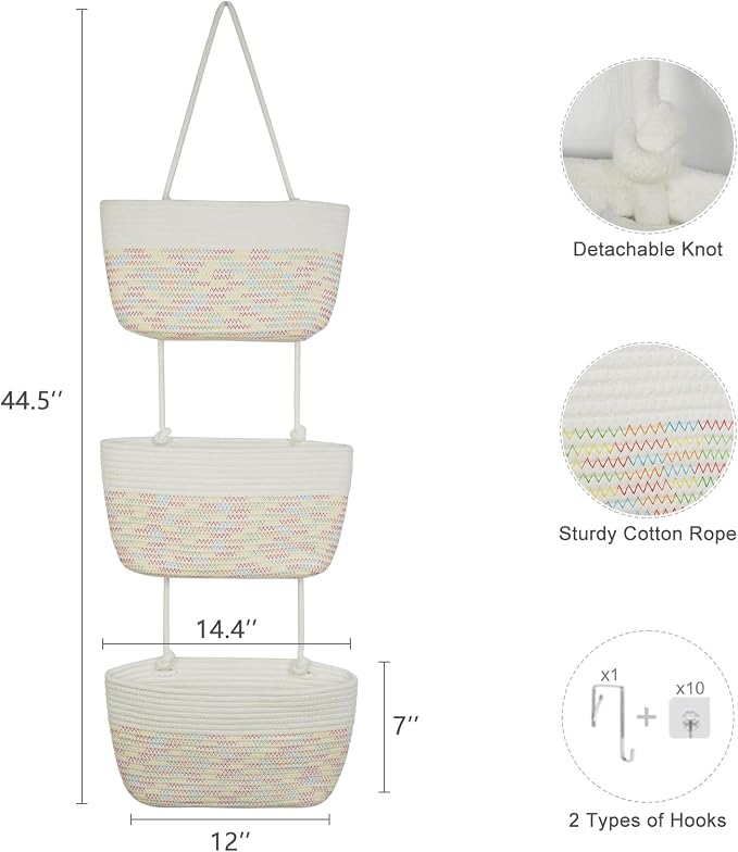 TeoKJ Over the Door Hanging Basket, 3-Tier Woven Cotton Wall-Mounted Storage - Image 5