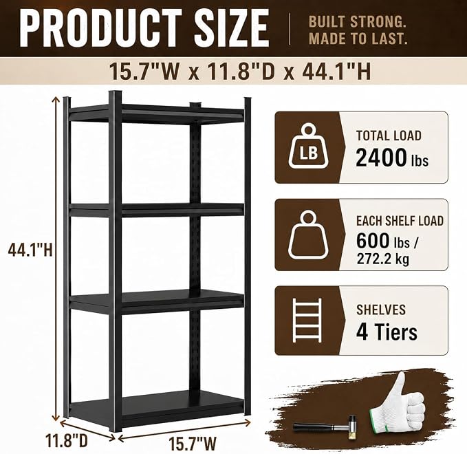 4 Tier Metal Bookshelf, Adjustable Tall Bookcase, Heavy Duty 2400 LBS Modern - Image 3
