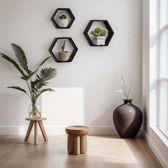 ROSE BLOOM Set of 3 Black Wood Hexagon Shelves - Image 5