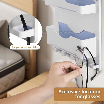 Bedside Wall Shelf with Glasses Hooks, Adhesive Bedside Organizer Wall Mount - Image 4