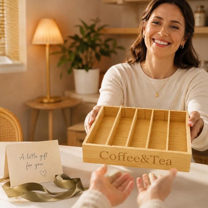 MinBoo Premium Bamboo Coffee Station & Tea Bag Organizer Box -7 Adjustable Slots - Image 7
