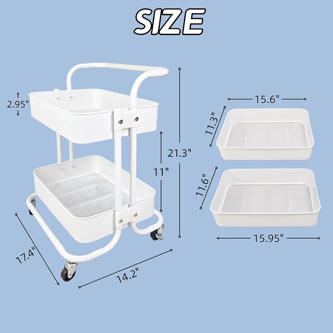 2 Tier Cart with Wheels Under Desk Storage with Handle, Metal Rolling Pantry - Image 4