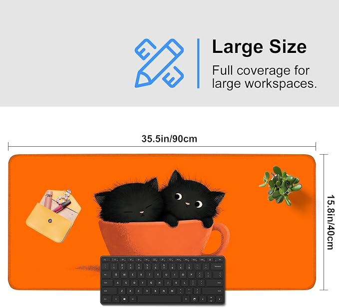 Large Cute Black Cat Mouse Pad, Extended Desk Mat - Image 3