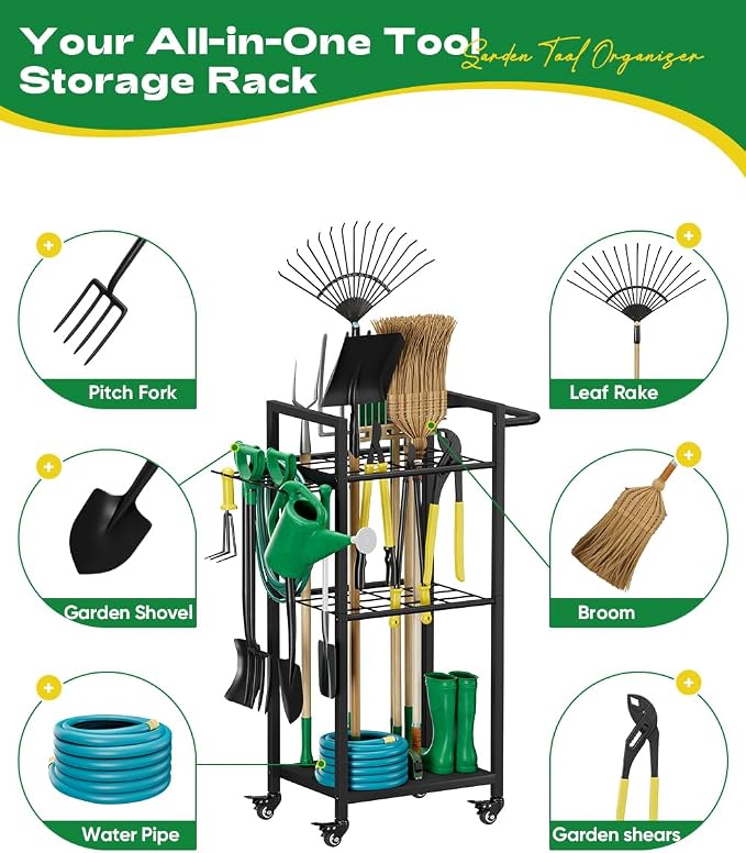 Garden Tool Organizer with Wheels, Heavy Duty 3 Tier Metal Yard Tool Storage - Image 5
