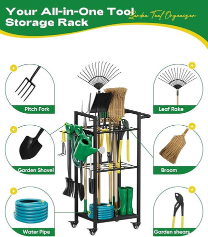 Garden Tool Organizer with Wheels, Heavy Duty 3 Tier Metal Yard Tool Storage - Image 5