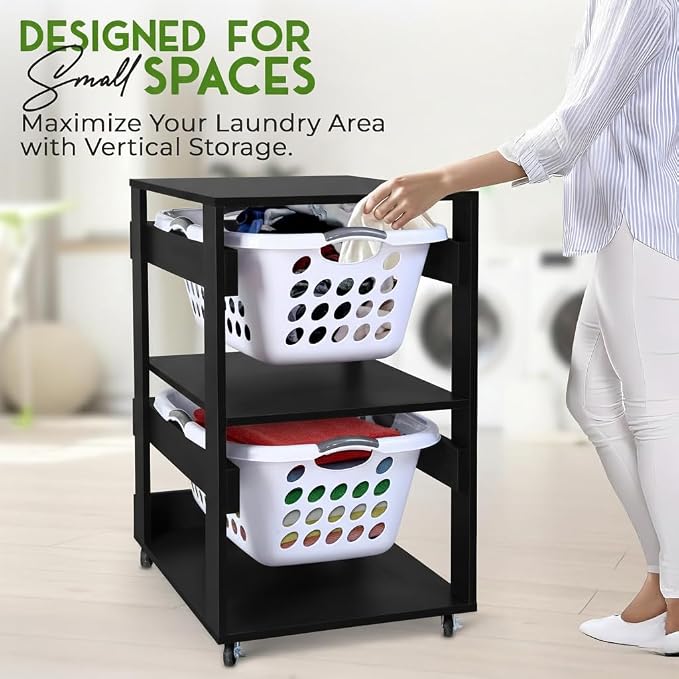 Laundry Basket Holder Shelf, Stackable Laundry Sorter, 2 Tier | Engineered Wood - Image 4