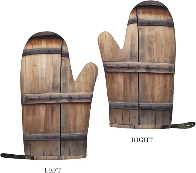 Rustic Antique Wooden Door Print Oven Mitts Set of 2, Heat Resistant Silicone - Image 2