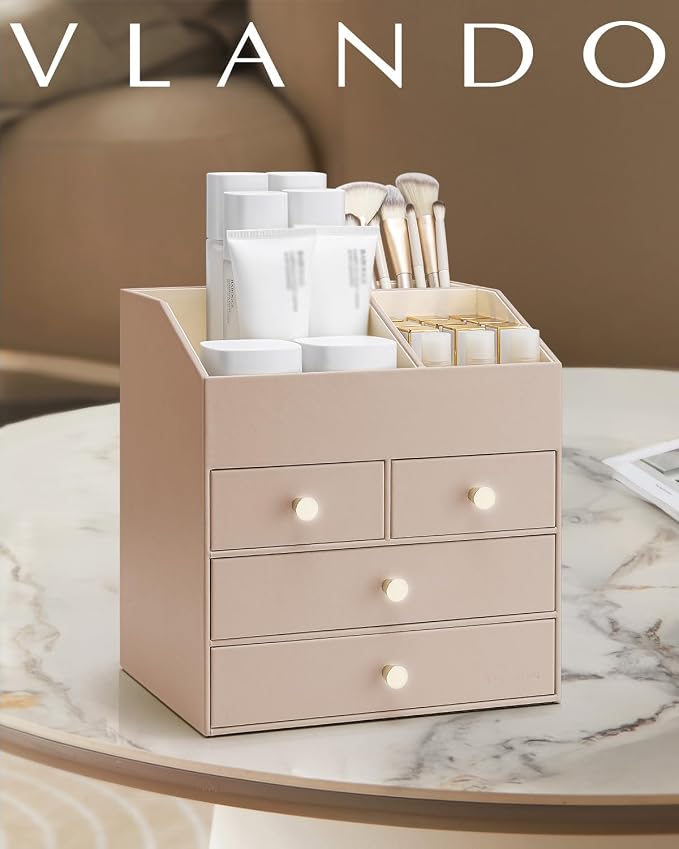 Vlando Makeup Organizer Countertop, Large Vanity Organizer PU Leather Make up - Image 2
