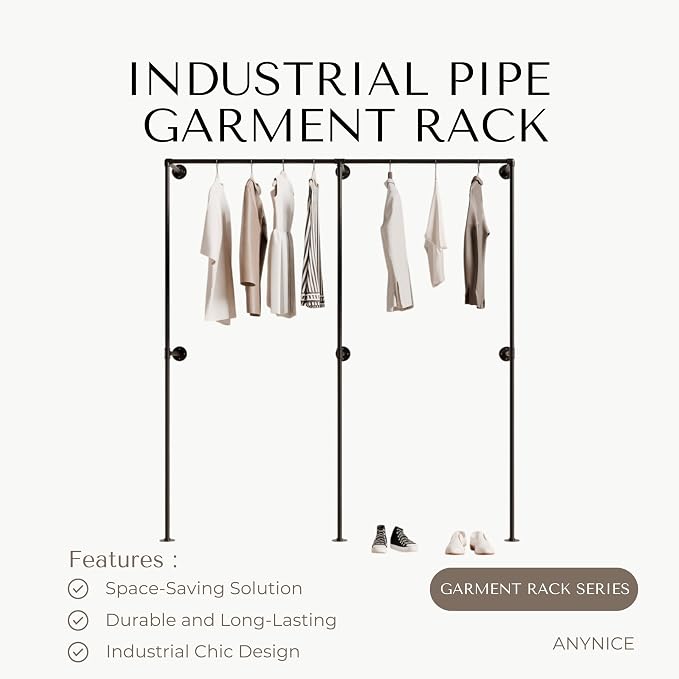 Industrial Pipe Clothing Rack, Heavy Duty Wall Mounted Clothes Rack, Retail - Image 2