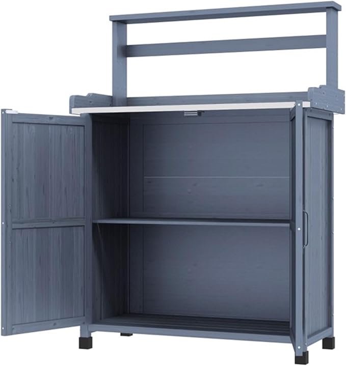 Outdoor Potting Bench with Storage Cabinet and Metal-Plated Tabletop, Top - Image 6