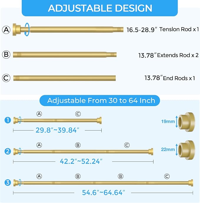 AIZESI Tension Shower Curtain Rod 30-64 Inch No Drilling Adjustable, No Slip - Image 2