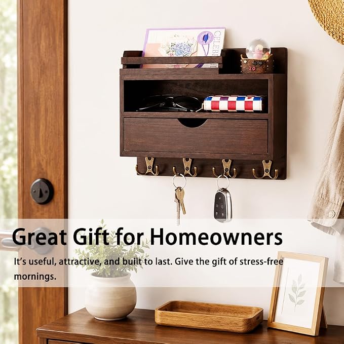 Key and Mail Holder for Wall, Wooden Key and Mail Organizer - Image 4