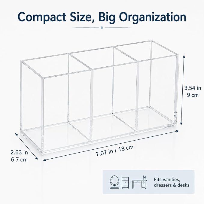 Tofficu Acrylic Makeup Brush Holder, 3 Compartment Clear Cosmetic Organizer - Image 2