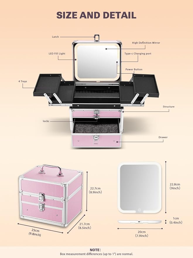 Qislee Makeup Box with Drawer and Four Trays, A Detachable Lighted Mirror - Image 3