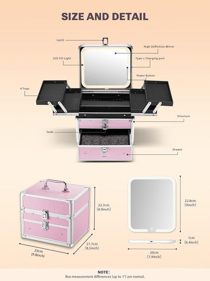 Qislee Makeup Box with Drawer and Four Trays, A Detachable Lighted Mirror - Image 3