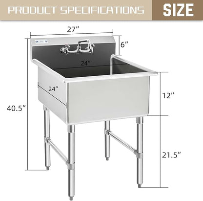HALLY Commercial Stainless Steel Sink 1 Compartment NSF Prep & Utility Sink - Image 2