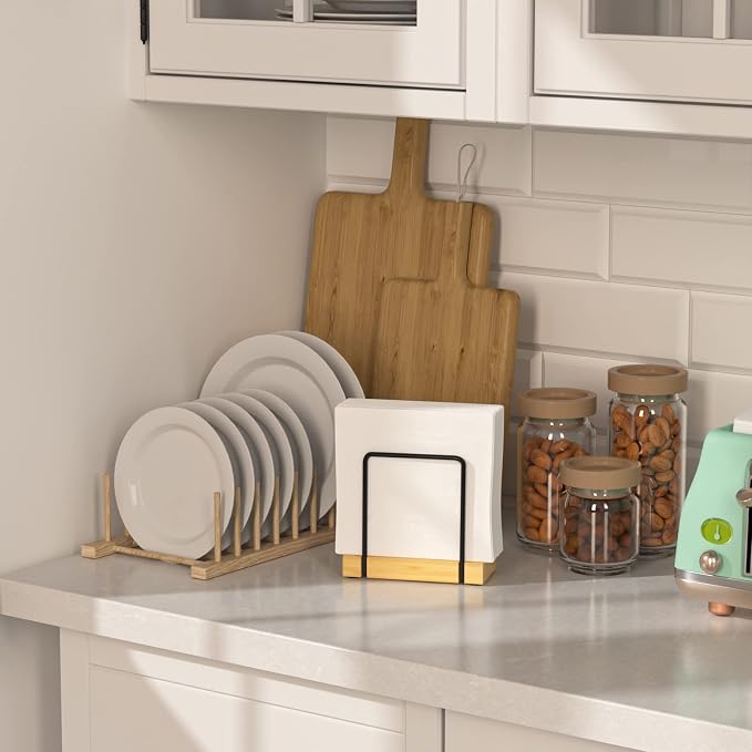 Napkin Holder for Table, Bamboo Iron Standing Napkin Dispenser for Kitchen - Image 3