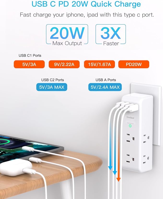 PD 20W Surge Protector Outlet Extender, Rotating Plug, One Beat 6 AC Multi Plug - Image 2