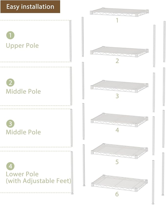 SINGAYE 6 Shelves Storage Shelf Wire Closet Bathroom Organizers Metal Pantry - Image 5