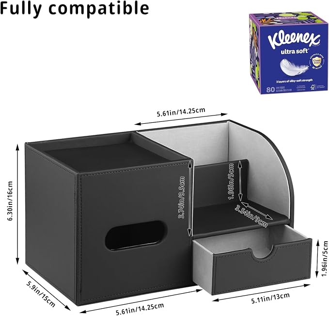 YAPISHI Tissue Box Cover with Storage Tray and Drawer, PU Leather Square Tissue - Image 3