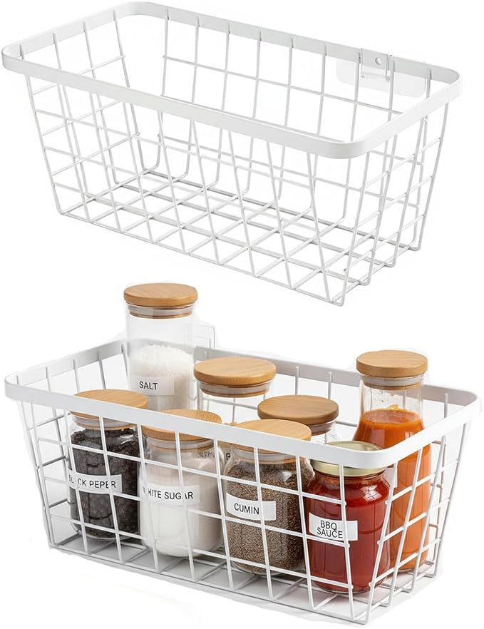 2 Set LeleCAT Hanging Wall Basket Organizer, Over the Cabinet Door Adhesive by HomeSpaceStorageBasket