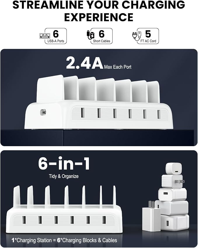 Charging Station for Multiple Devices, Honcila 50w 6 Port Fast Charger Stations - Image 3