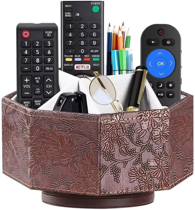 PU Leather Remote Control Holder, 360 Degree Spinning TV Remote Caddy, 9 Grids by Arniche
