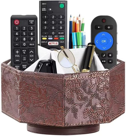 PU Leather Remote Control Holder, 360 Degree Spinning TV Remote Caddy, 9 Grids by Arniche