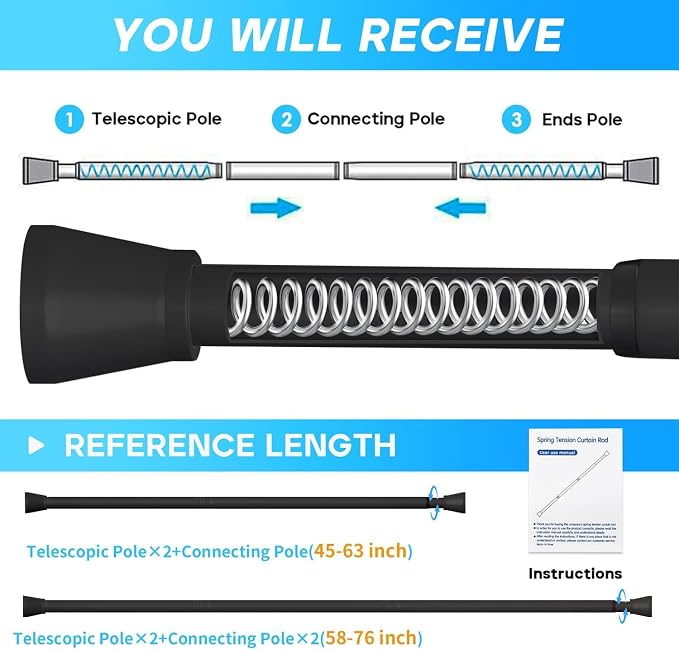Shower Curtain Rod Black Tension Rod 45 to 77 Inch 2PCS Spring Curtain Rod - Image 4