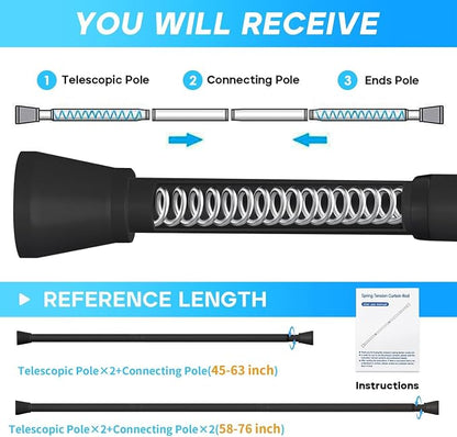 Shower Curtain Rod Black Tension Rod 45 to 77 Inch 2PCS Spring Curtain Rod - Image 4