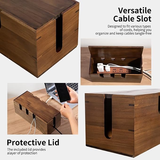 Large Cable Management Box, Wooden Cord Hider Desk Organizer, Power Strip and - Image 2