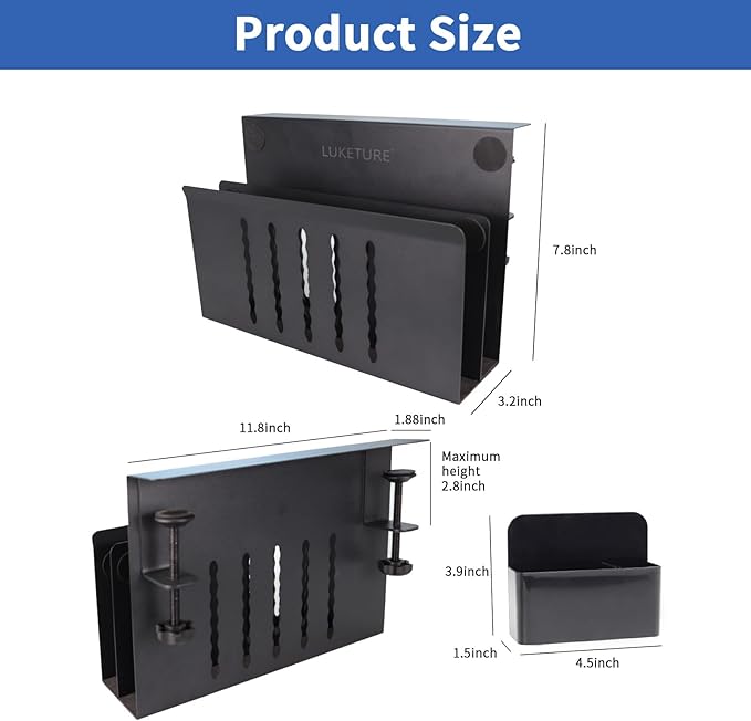 LUKETURE Desk Side Storage, 2 Tie Laptop Holder No Drill Clamp On Organizer | - Image 3
