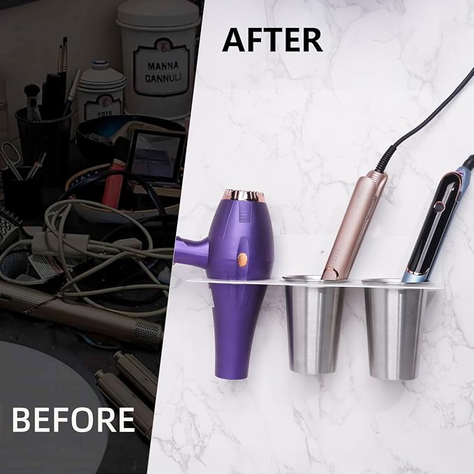 Hair Tool Organizer, Hair Dryer Holder wtih 2 Cups, Hot Tool Organizer Wall - Image 8
