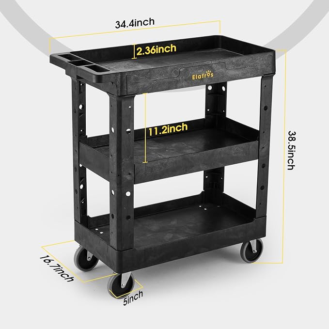ELAFROS 3 Shelf Heavy Duty Utility Cart, Rolling Work Cart - Image 2
