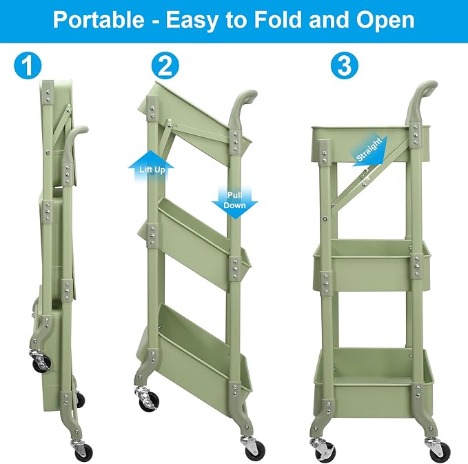 Foldable 3 Tier Rolling Cart, Metal Utility Cart, Folding Mobile Multi-Function - Image 2