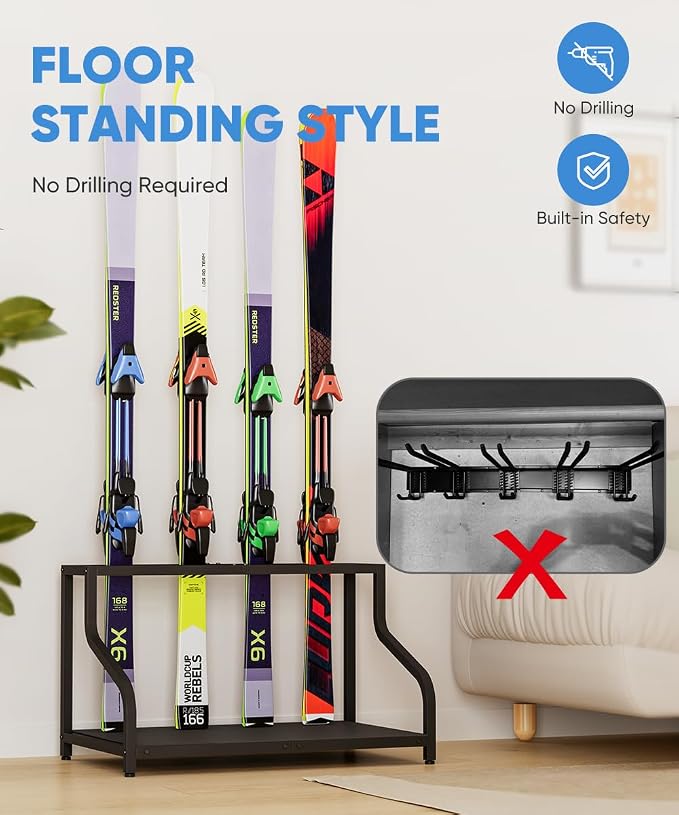 Mondazie Ski Storage Rack for Garage, 4 Pair Black | Freestanding Snowboard Rack - Image 5