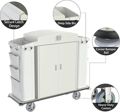 Heavy Duty Metal Housekeeping Janitorial Cart, Silent Casters, Locking Large - Image 6