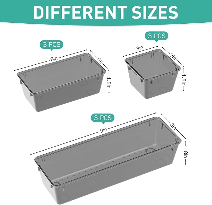 WOWBOX 9 Pack Clear Drawer Organizer Set, Acrylic Drawer Storage Trays - Image 2